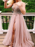 A Line Spaghetti Straps V Neck Beaded Pink Tulle Backless Prom Dress with Slit LBQ3939
